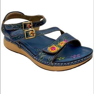 Women's  Spring Step Hilary Leather Sandals Sz 7 - 7.5 EU 38 Blue/tan Wedge